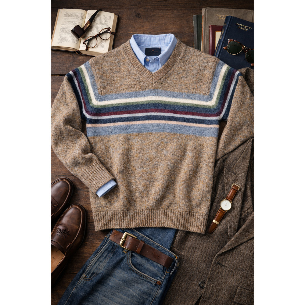 Vintage Express Blues 100% Wool Striped V-Neck Sweater Preppy Men’s Small